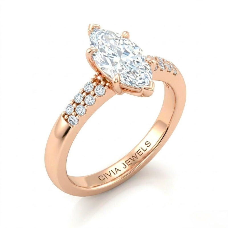 Rose Gold Marquise Diamond Engagement Ring With Double Pavé Accent Band
