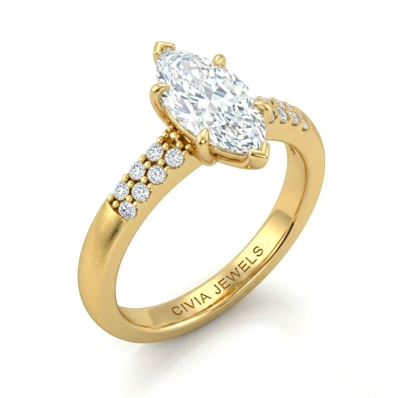 Yellow Gold Marquise Diamond Engagement Ring With Double Pavé Accent Band