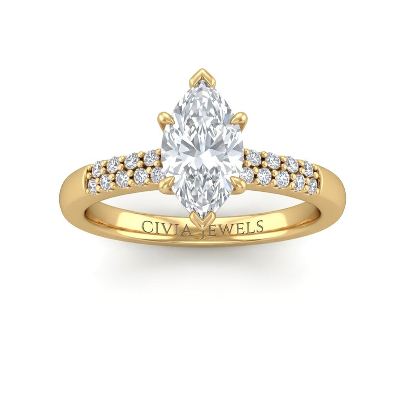Yellow Gold Marquise Diamond Engagement Ring With Double Pavé Accent Band