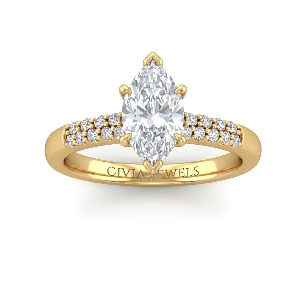 Yellow Gold Marquise Diamond Engagement Ring With Double Pavé Accent Band