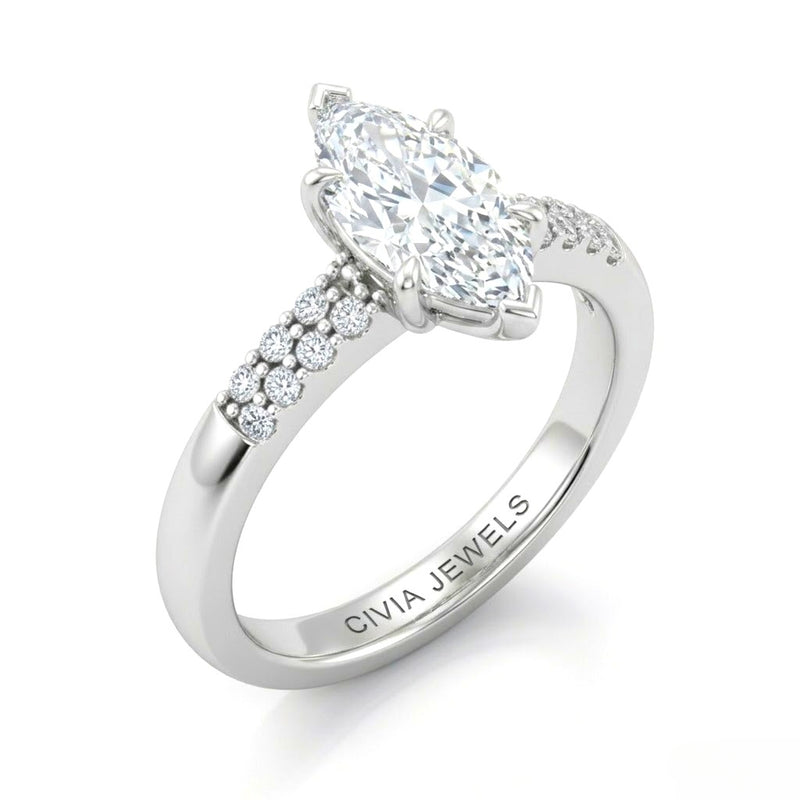 White Gold Marquise Diamond Engagement Ring With Double Pavé Accent Band
