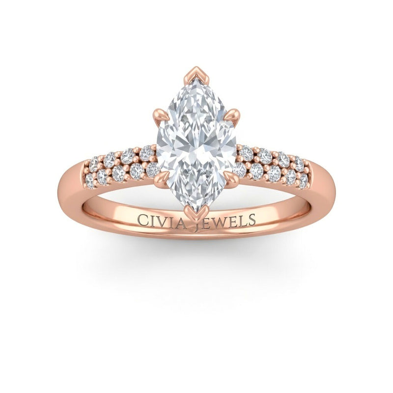 Rose Gold Marquise Diamond Engagement Ring With Double Pavé Accent Band