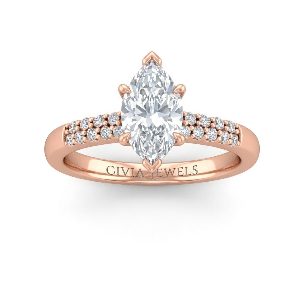 Rose Gold Marquise Diamond Engagement Ring With Double Pavé Accent Band