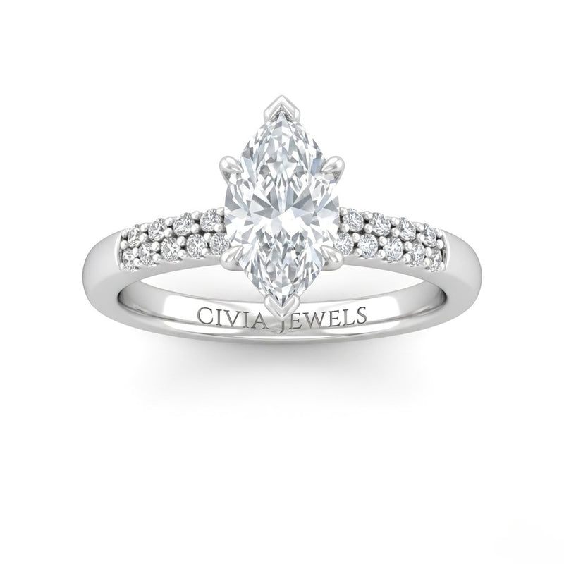 White Gold Marquise Diamond Engagement Ring With Double Pavé Accent Band