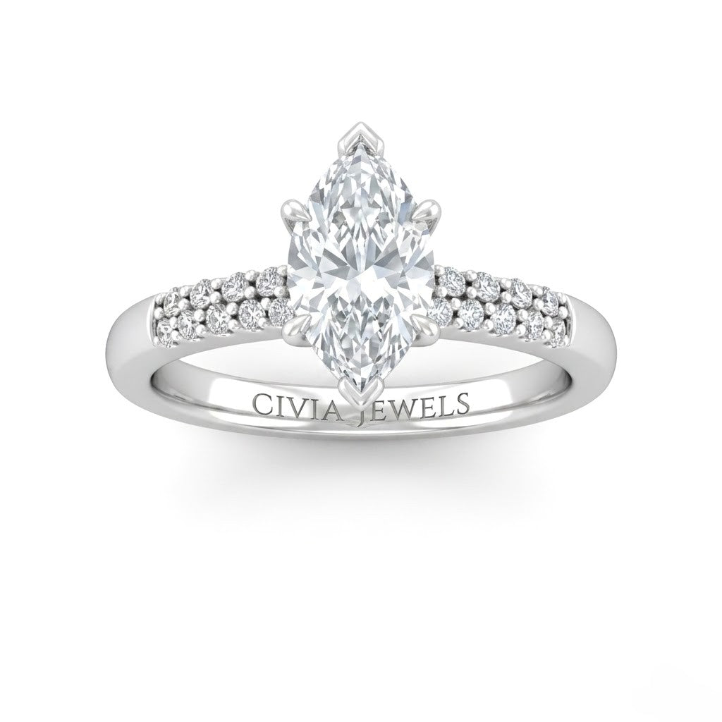 Silver Marquise Diamond Engagement Ring With Double Pavé Accent Band