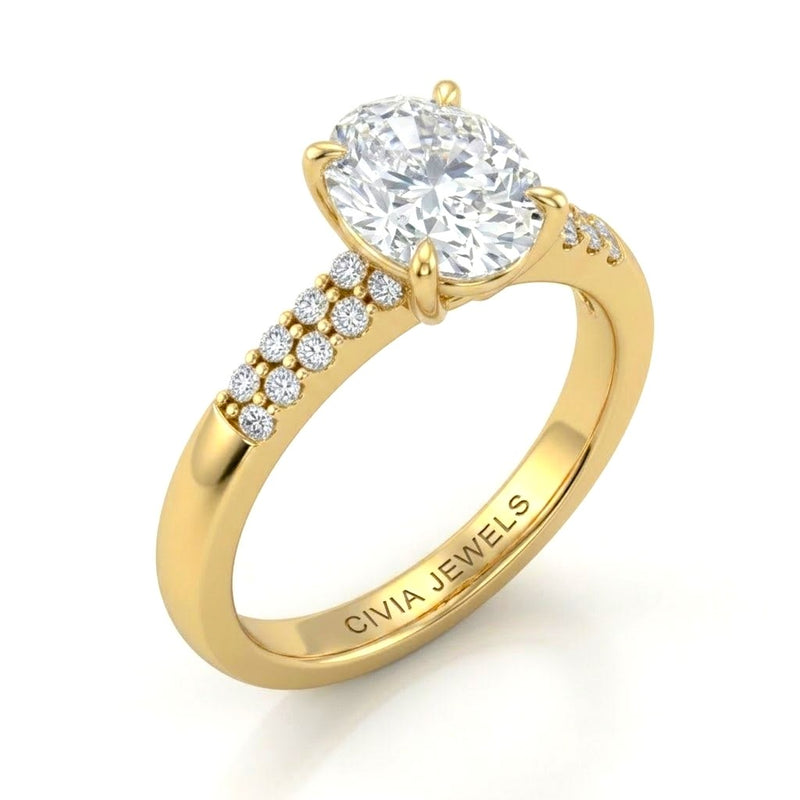 Yellow Gold Oval Diamond Engagement Ring With Double Pavé Accent Band