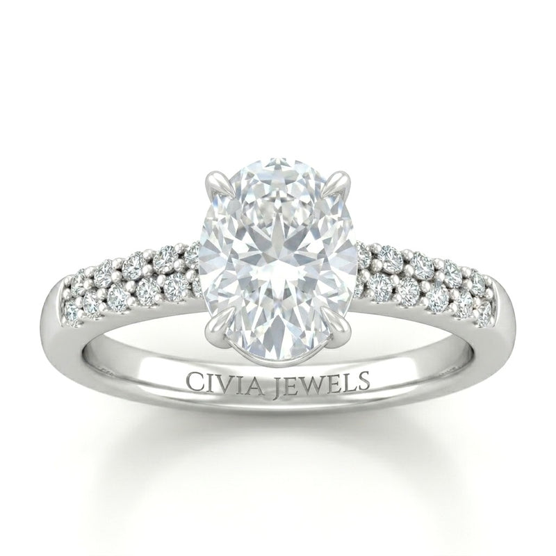 Silver Oval Diamond Engagement Ring With Double Pavé Accent Band