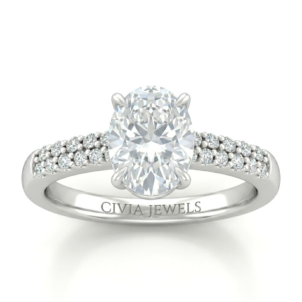 Silver Oval Diamond Engagement Ring With Double Pavé Accent Band
