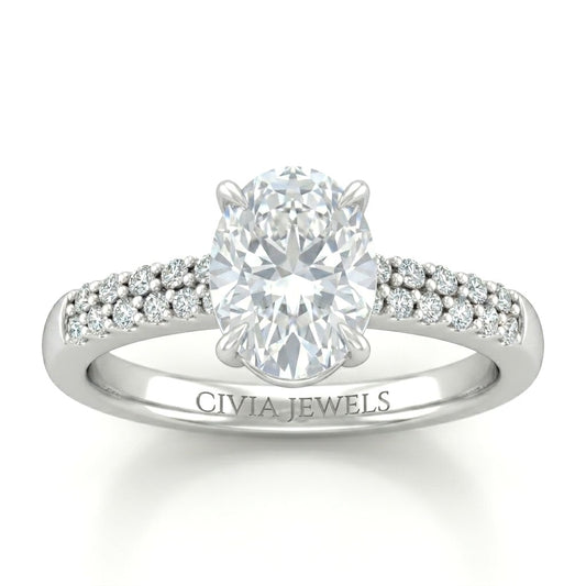 Silver Oval Diamond Engagement Ring With Double Pavé Accent Band