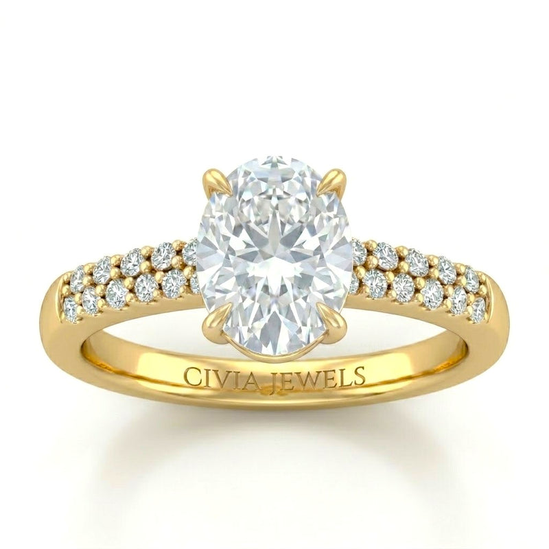 Yellow Gold Oval Diamond Engagement Ring With Double Pavé Accent Band