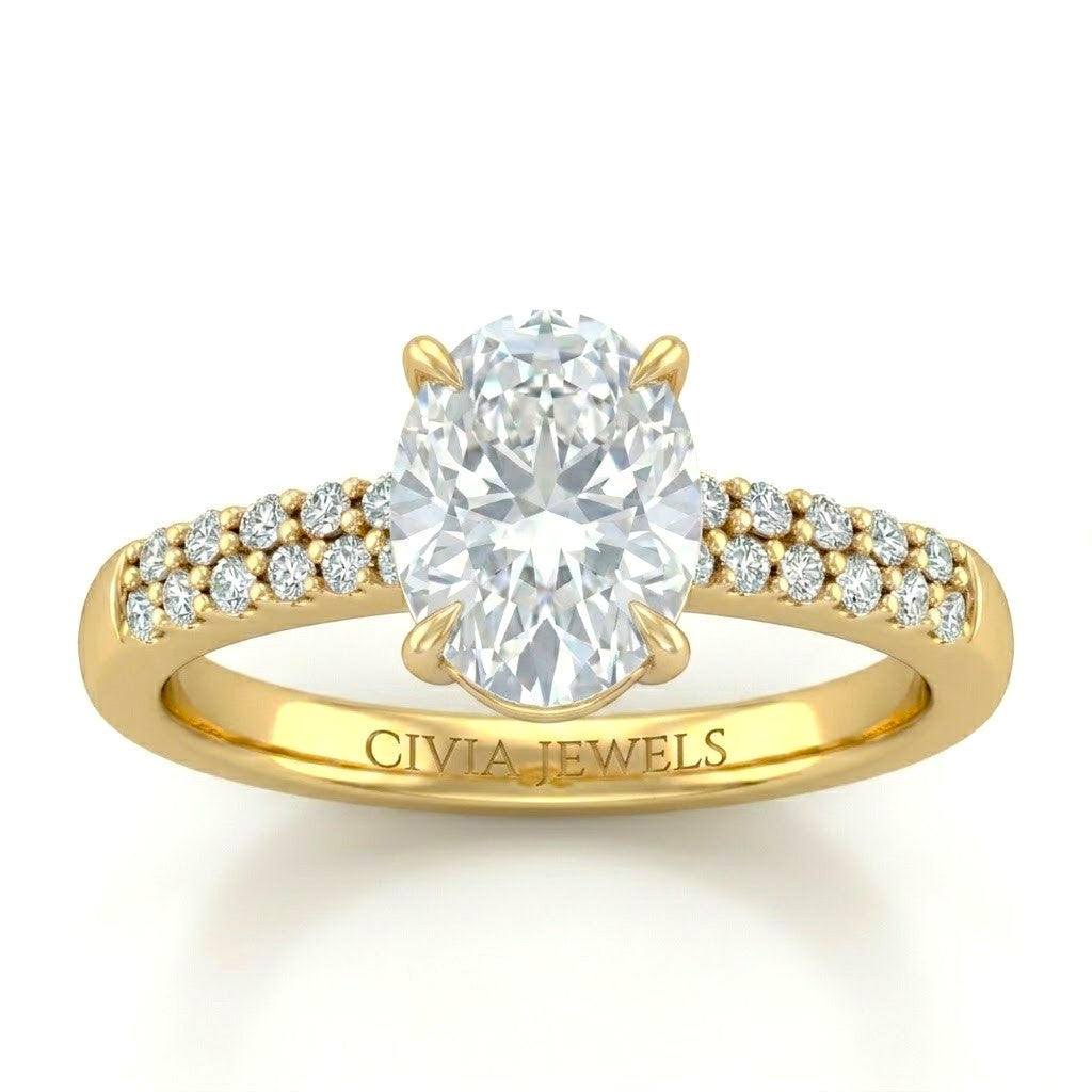 Yellow Gold Oval Diamond Engagement Ring With Double Pavé Accent Band