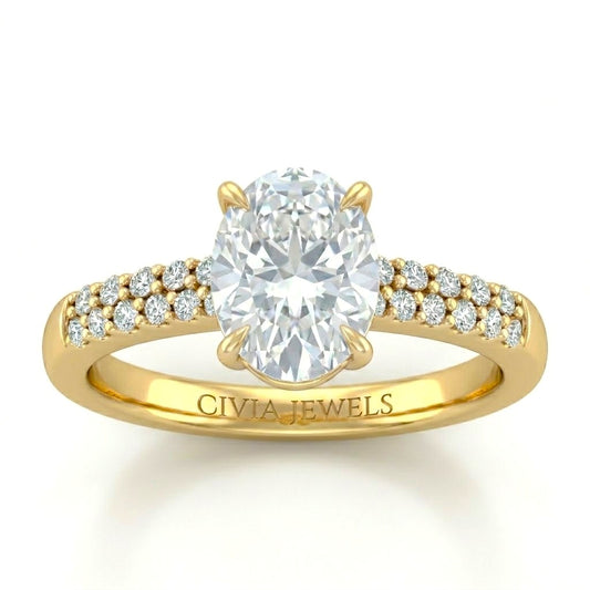 Yellow Gold Oval Diamond Engagement Ring With Double Pavé Accent Band