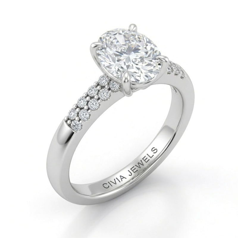 Silver Oval Diamond Engagement Ring With Double Pavé Accent Band
