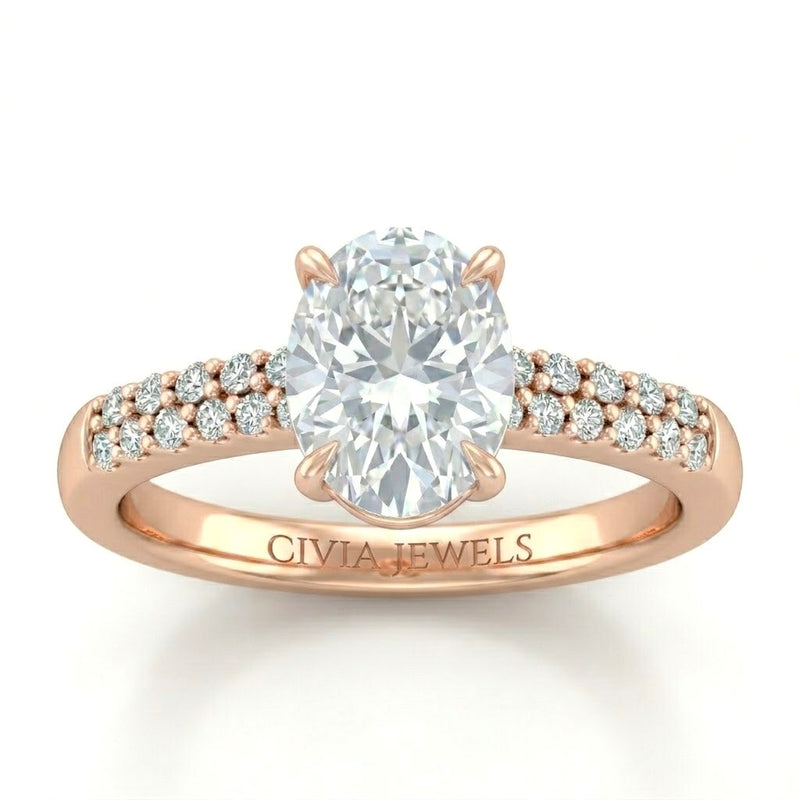 Rose Gold Oval Diamond Engagement Ring With Double Pavé Accent Band