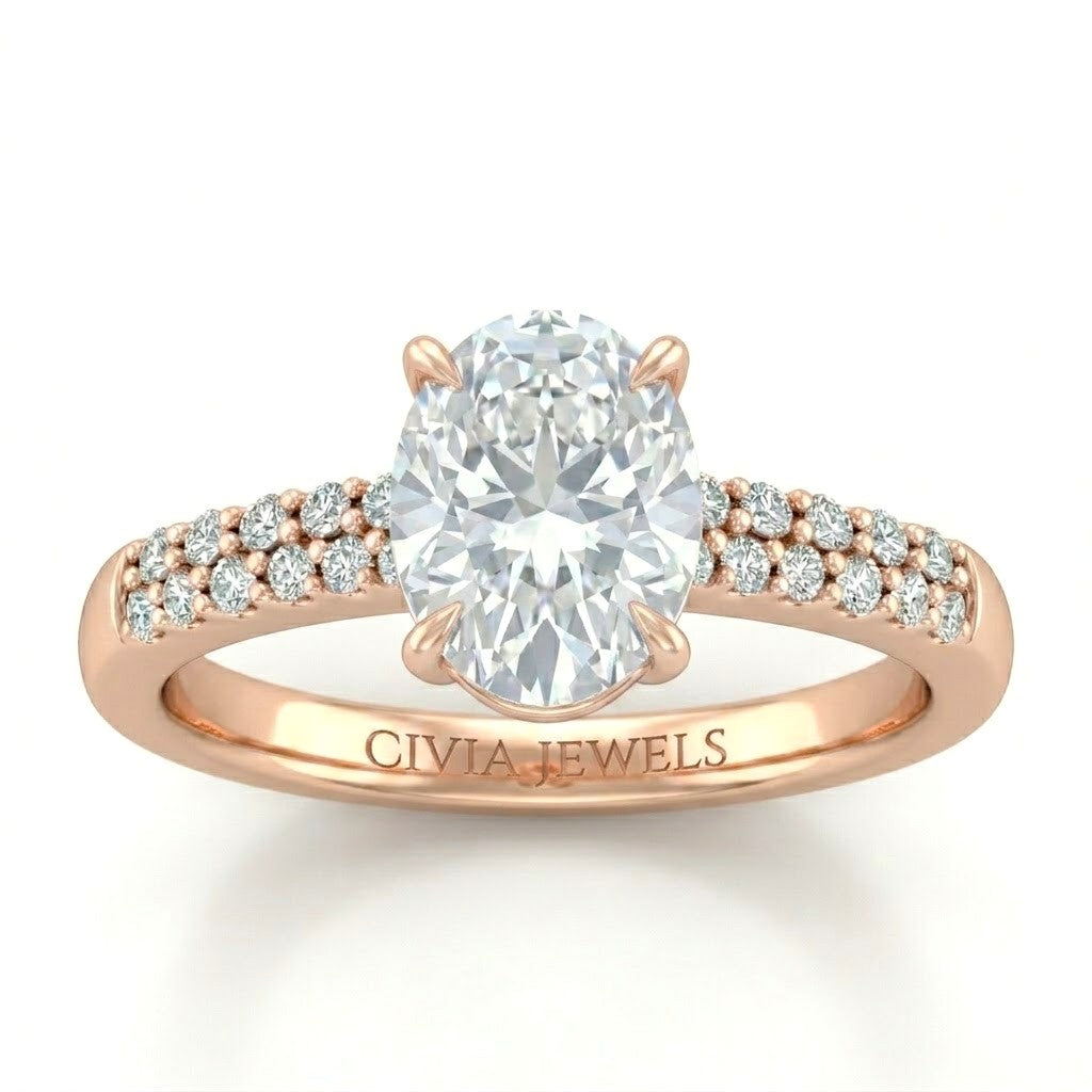 Rose Gold Oval Diamond Engagement Ring With Double Pavé Accent Band