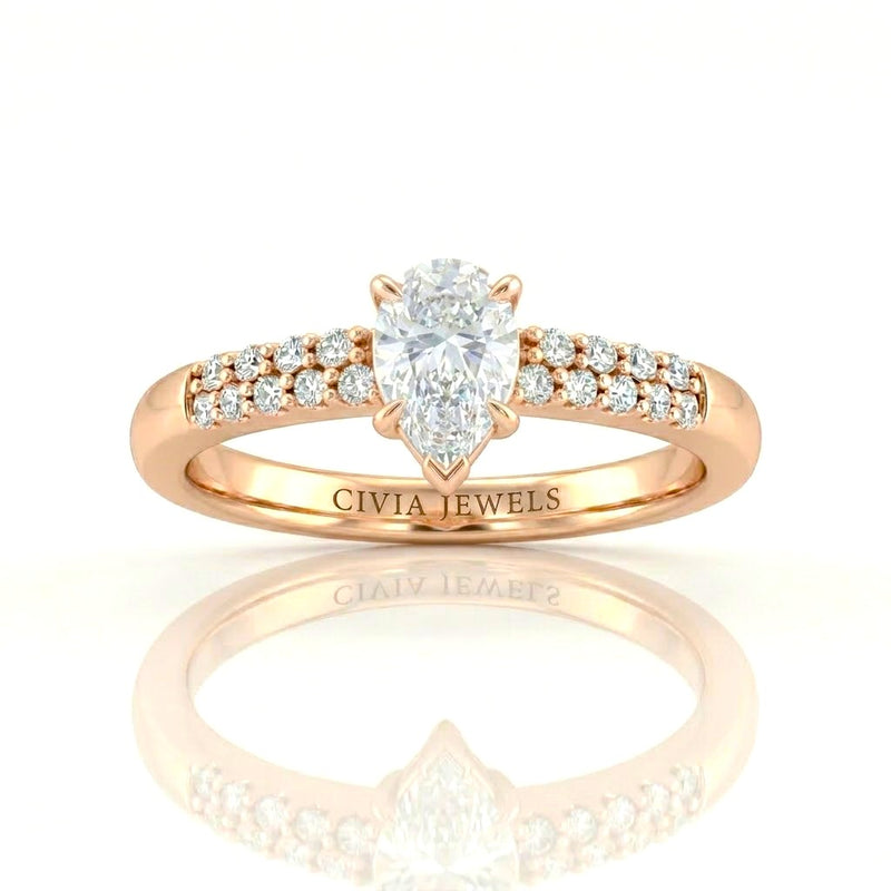 Rose Gold Pear Diamond Engagement Ring With Double Pavé Accent Band
