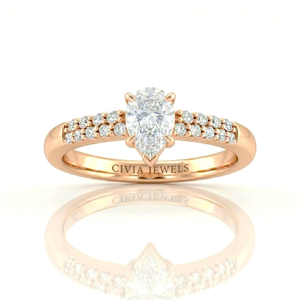 Rose Gold Pear Diamond Engagement Ring With Double Pavé Accent Band