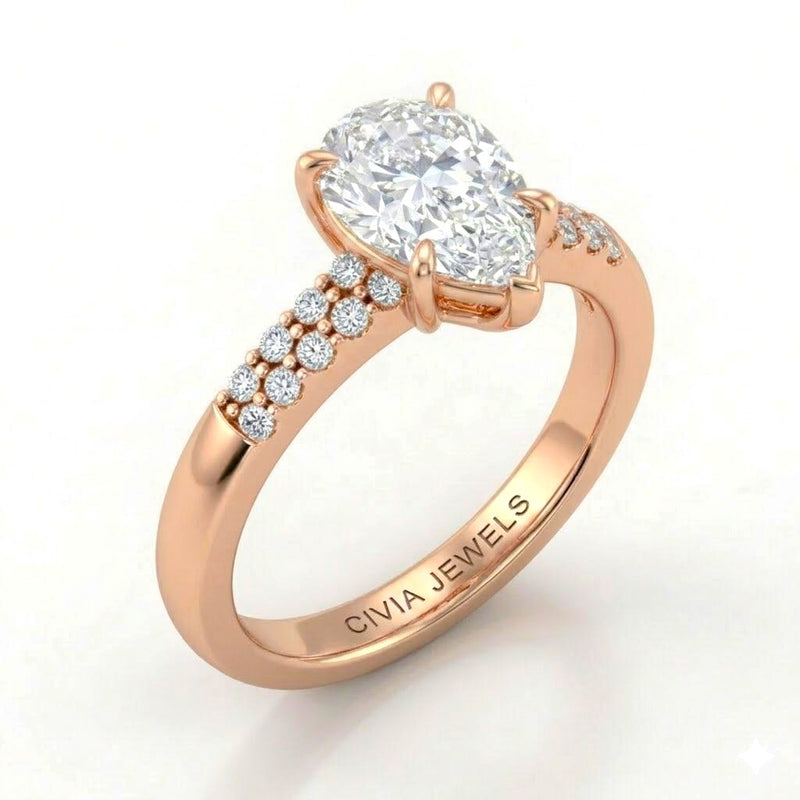Rose Gold Pear Diamond Engagement Ring With Double Pavé Accent Band