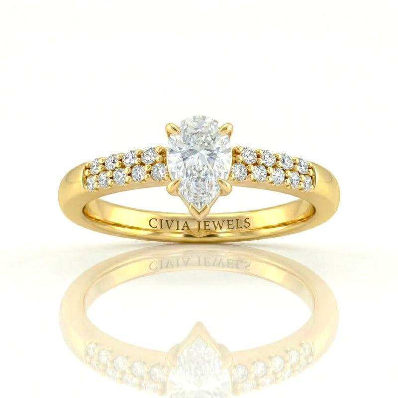 Yellow Gold Pear Diamond Engagement Ring With Double Pavé Accent Band
