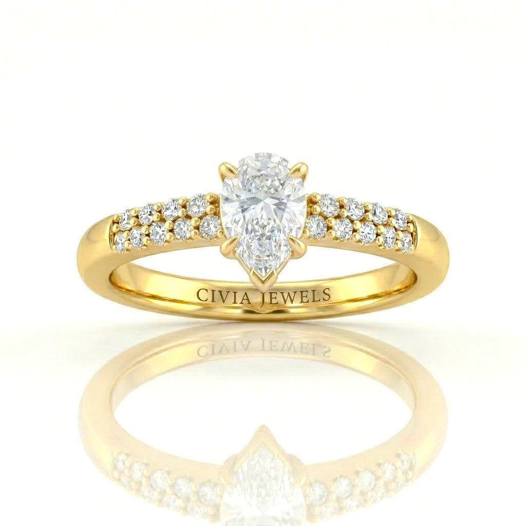 Yellow Gold Pear Diamond Engagement Ring With Double Pavé Accent Band