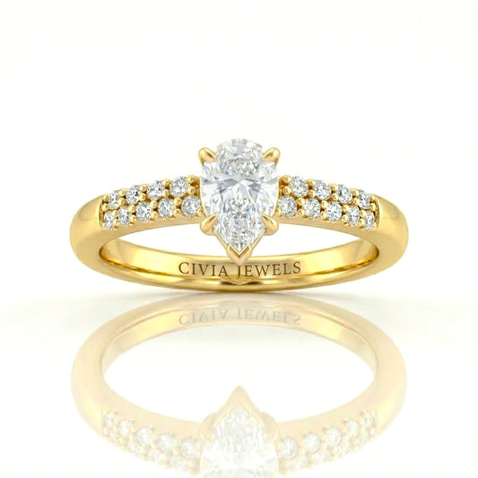 Yellow Gold Pear Diamond Engagement Ring With Double Pavé Accent Band