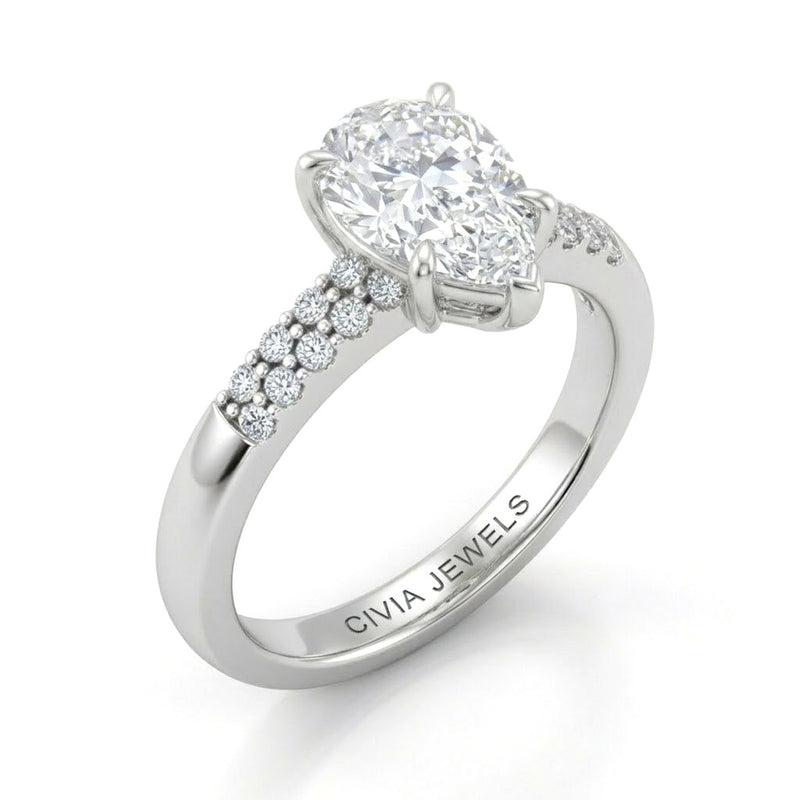 Silver Pear Diamond Engagement Ring With Double Pavé Accent Band