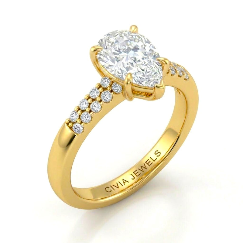 Yellow Gold Pear Diamond Engagement Ring With Double Pavé Accent Band