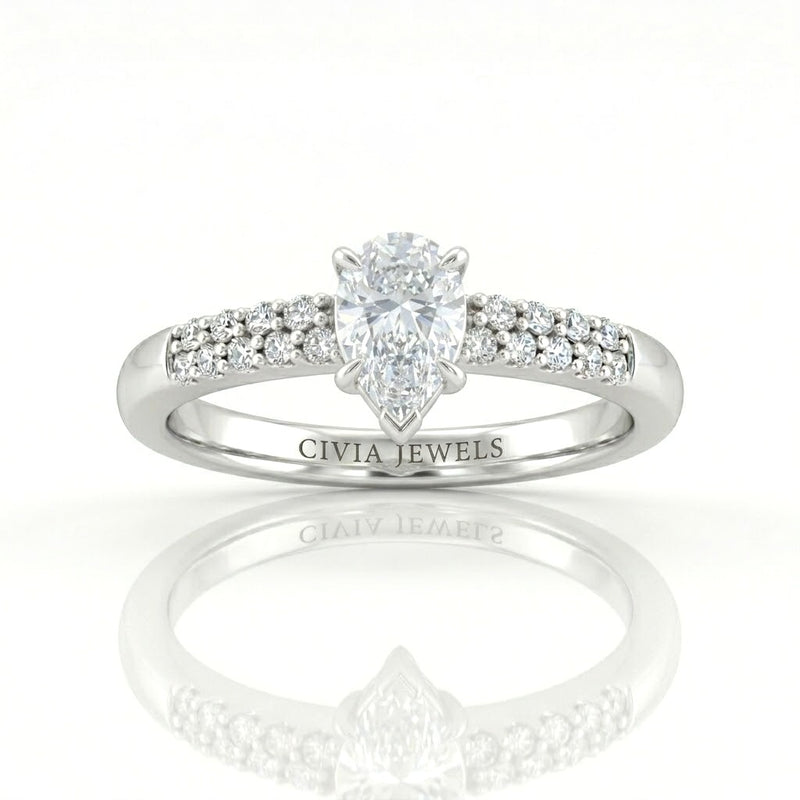 White Gold Pear Diamond Engagement Ring With Double Pavé Accent Band