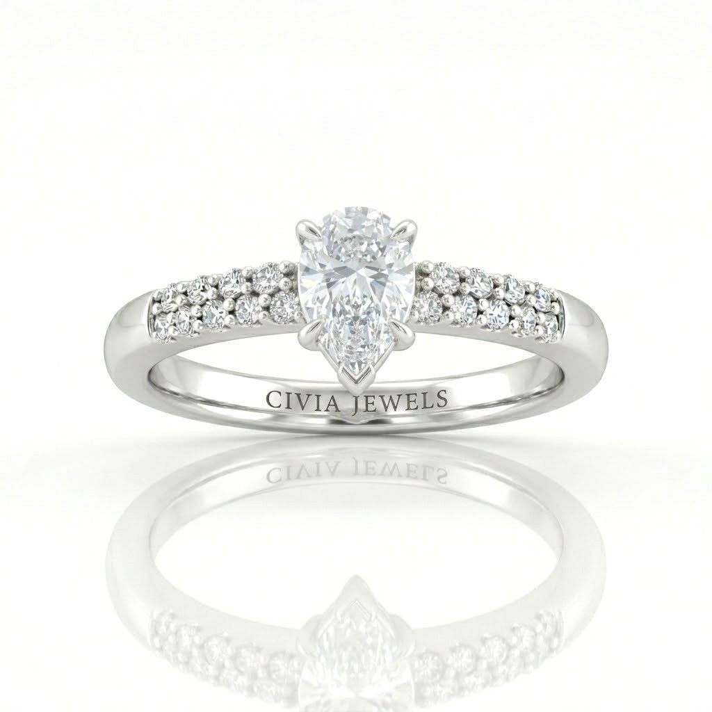 White Gold Pear Diamond Engagement Ring With Double Pavé Accent Band