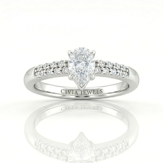 Silver Pear Diamond Engagement Ring With Double Pavé Accent Band