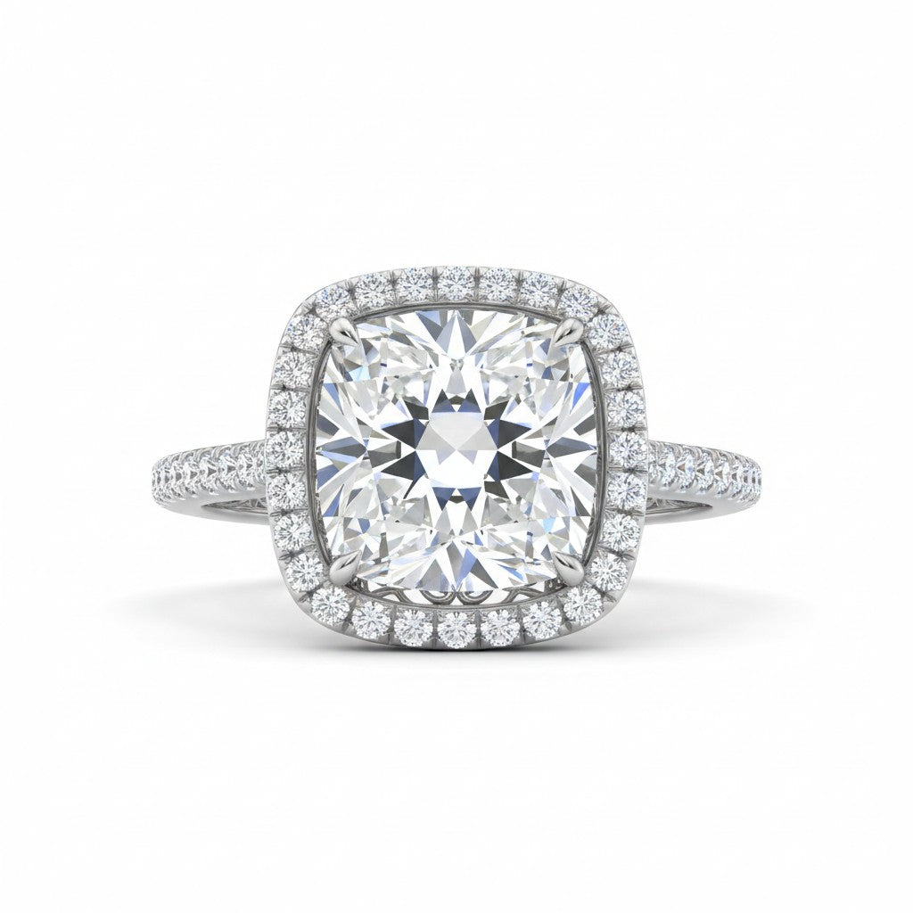 Silver Cushion Halo Diamond Engagement Ring