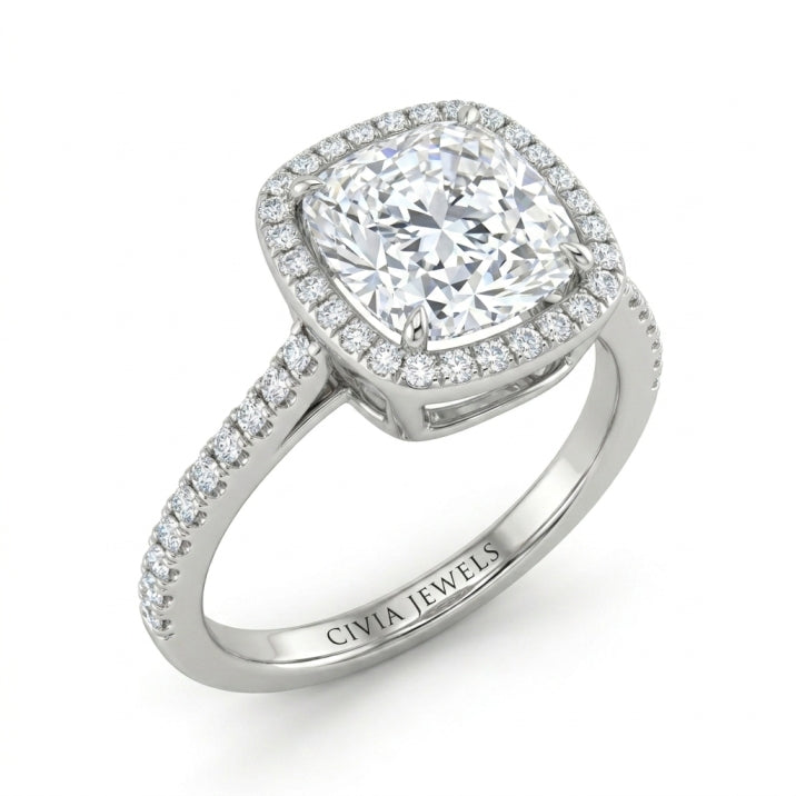 Silver Cushion Halo Diamond Engagement Ring