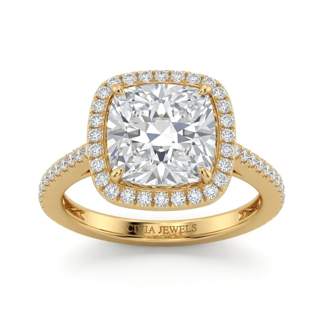 Yellow Gold Cushion Halo Diamond Engagement Ring