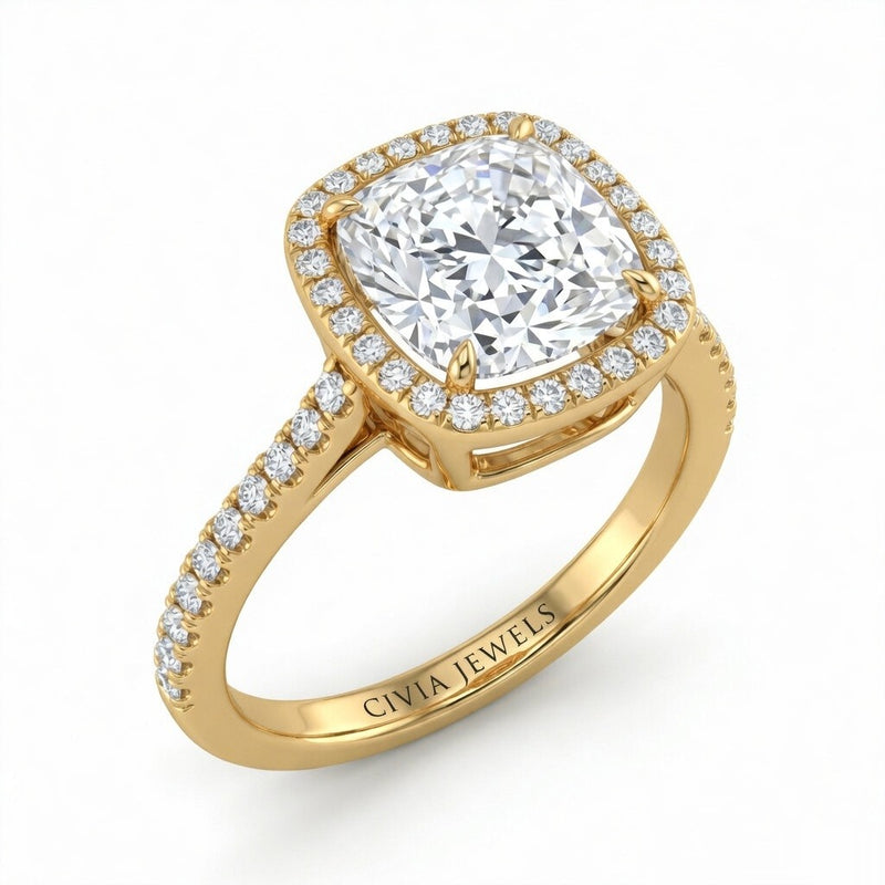 Yellow Gold Cushion Halo Diamond Engagement Ring