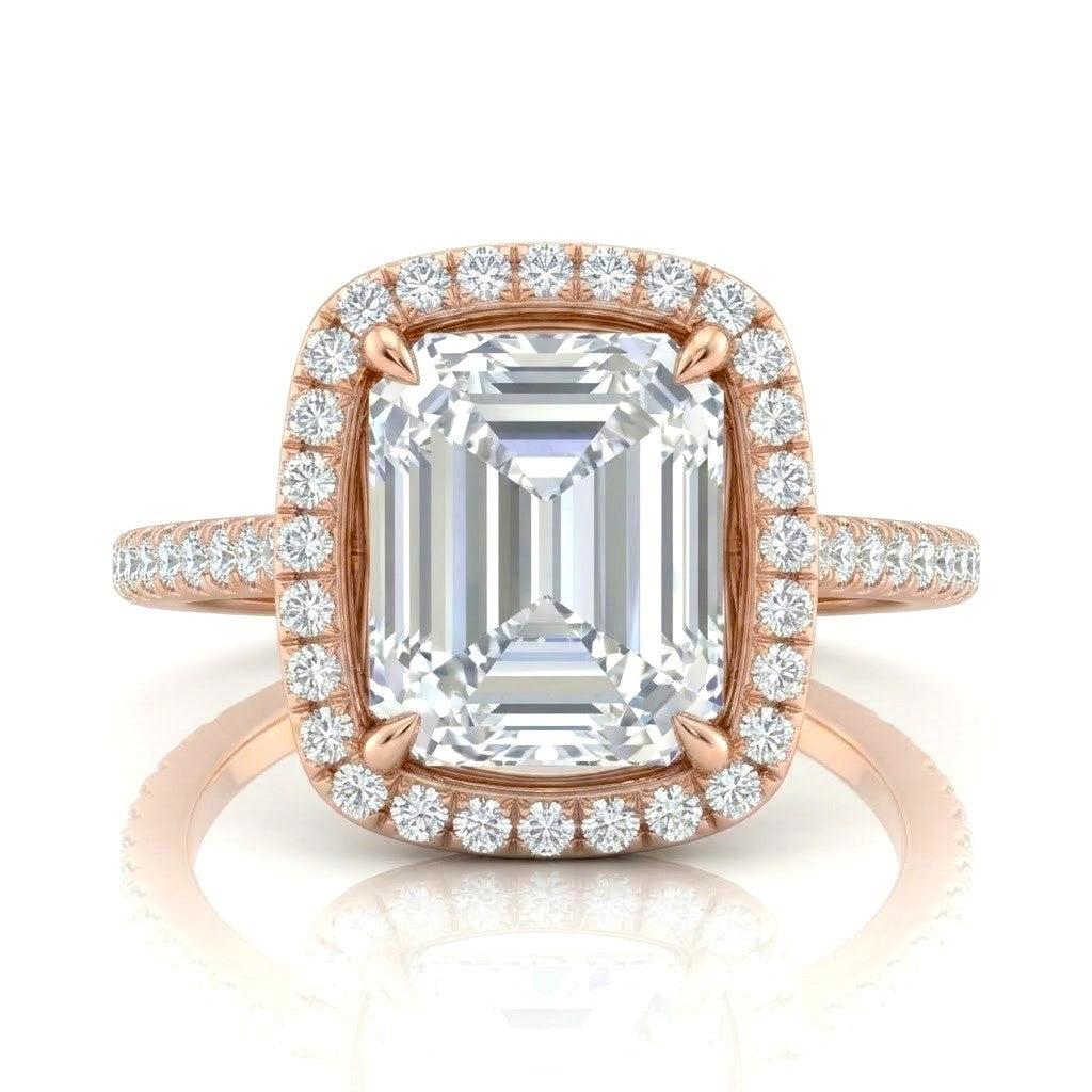 Rose Gold Emerald Halo Diamond Engagement Ring