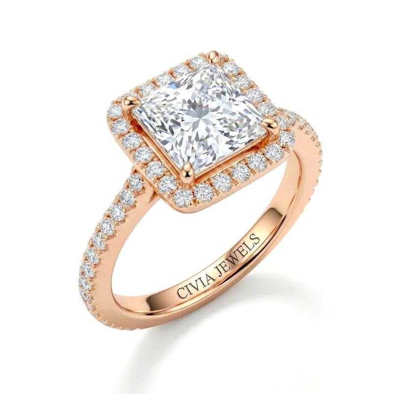 Rose Gold Princess Halo Diamond Engagement Ring