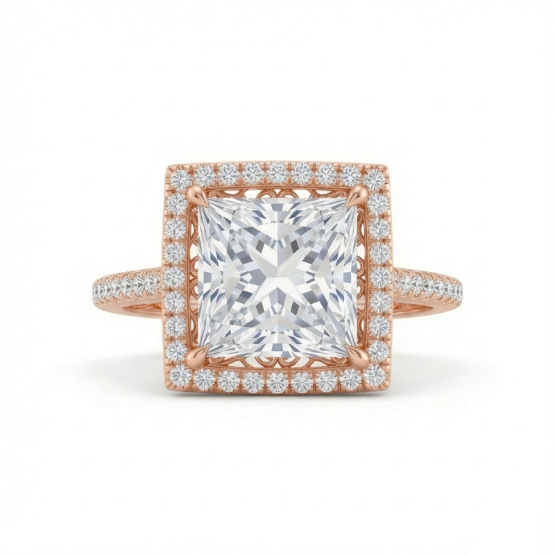 Rose Gold Princess Halo Diamond Engagement Ring