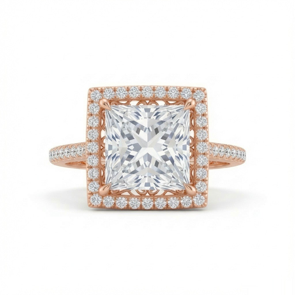Rose Gold Princess Halo Diamond Engagement Ring
