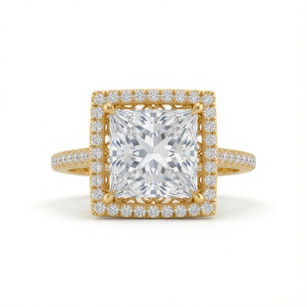 Yellow Gold Princess Halo Diamond Engagement Ring