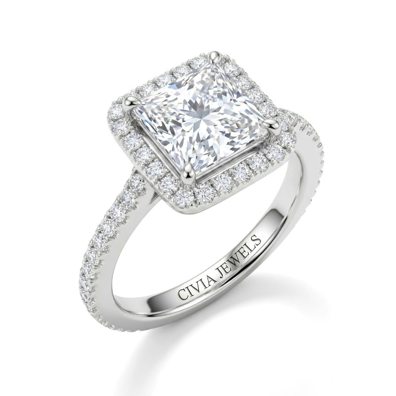 White Gold Princess Halo Diamond Engagement Ring