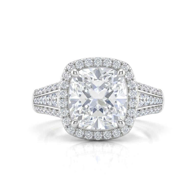 White Gold Cushion Diamond Halo Engagement Ring With Triple Split Pave Shank