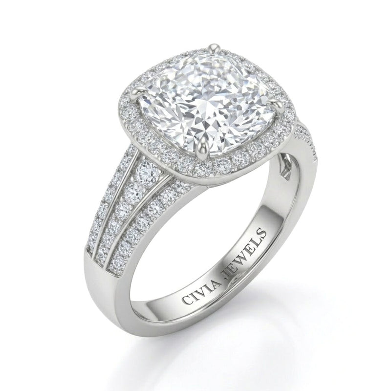 White Gold Cushion Diamond Halo Engagement Ring With Triple Split Pave Shank
