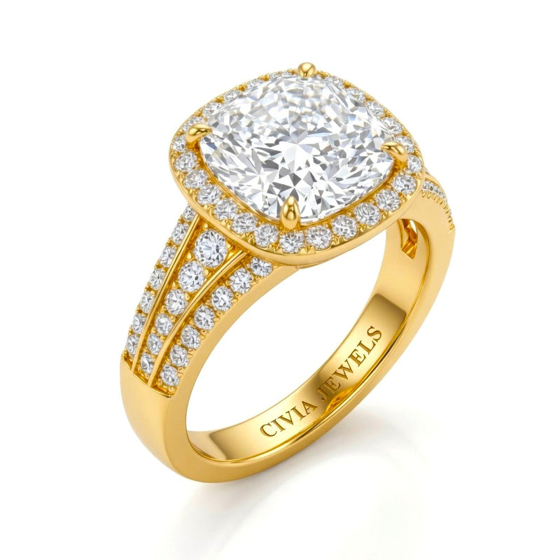 Yellow Gold Cushion Diamond Halo Engagement Ring With Triple Split Pave Shank