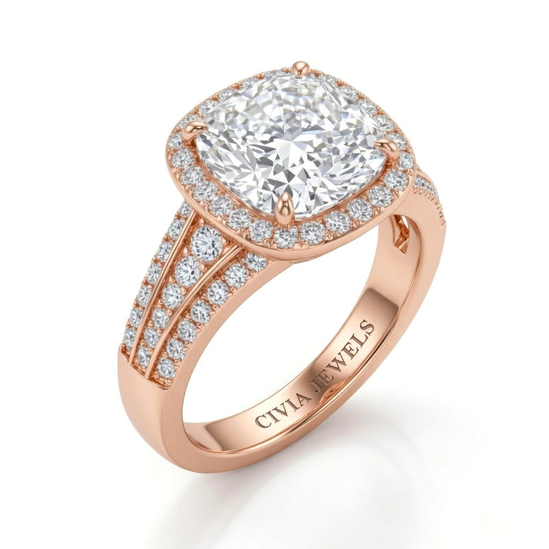 Rose Gold Cushion Diamond Halo Engagement Ring With Triple Split Pave Shank