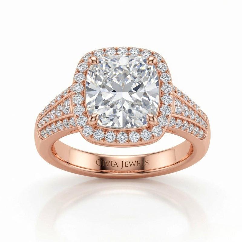 Rose Gold Cushion Diamond Halo Engagement Ring With Triple Split Pave Shank