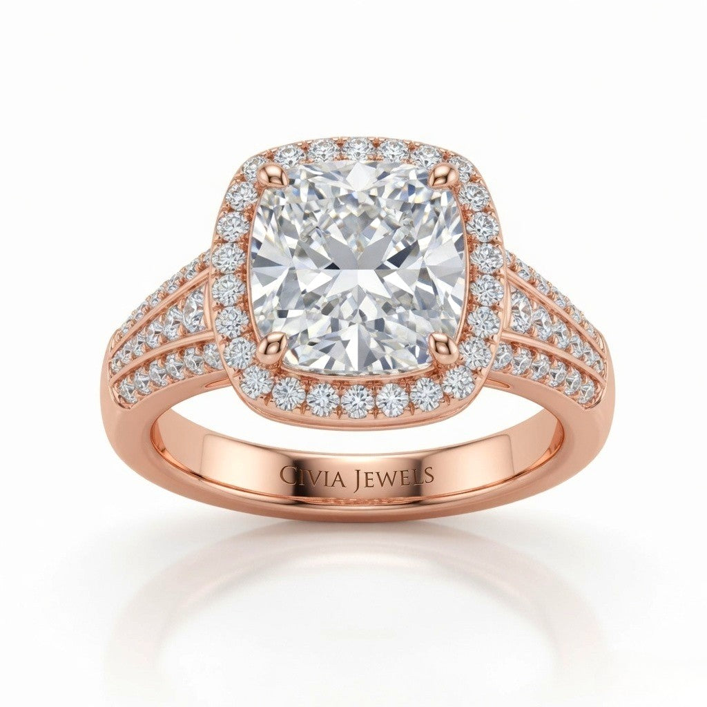 Rose Gold Cushion Diamond Halo Engagement Ring With Triple Split Pave Shank