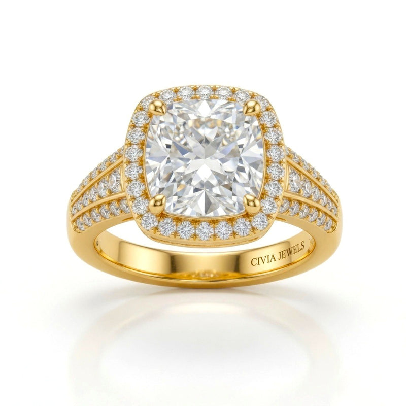 Yellow Gold Cushion Diamond Halo Engagement Ring With Triple Split Pave Shank