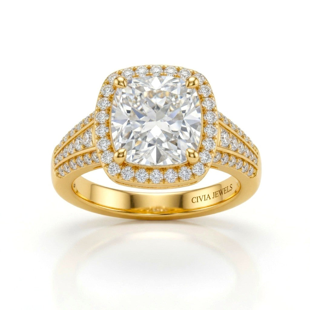 Yellow Gold Cushion Diamond Halo Engagement Ring With Triple Split Pave Shank