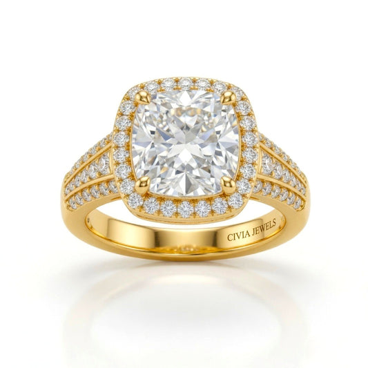 Yellow Gold Cushion Diamond Halo Engagement Ring With Triple Split Pave Shank