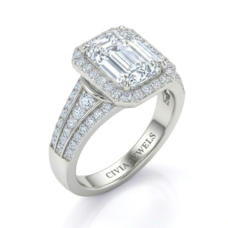Silver Emerald Diamond Halo Engagement Ring With Triple Split Pave Shank
